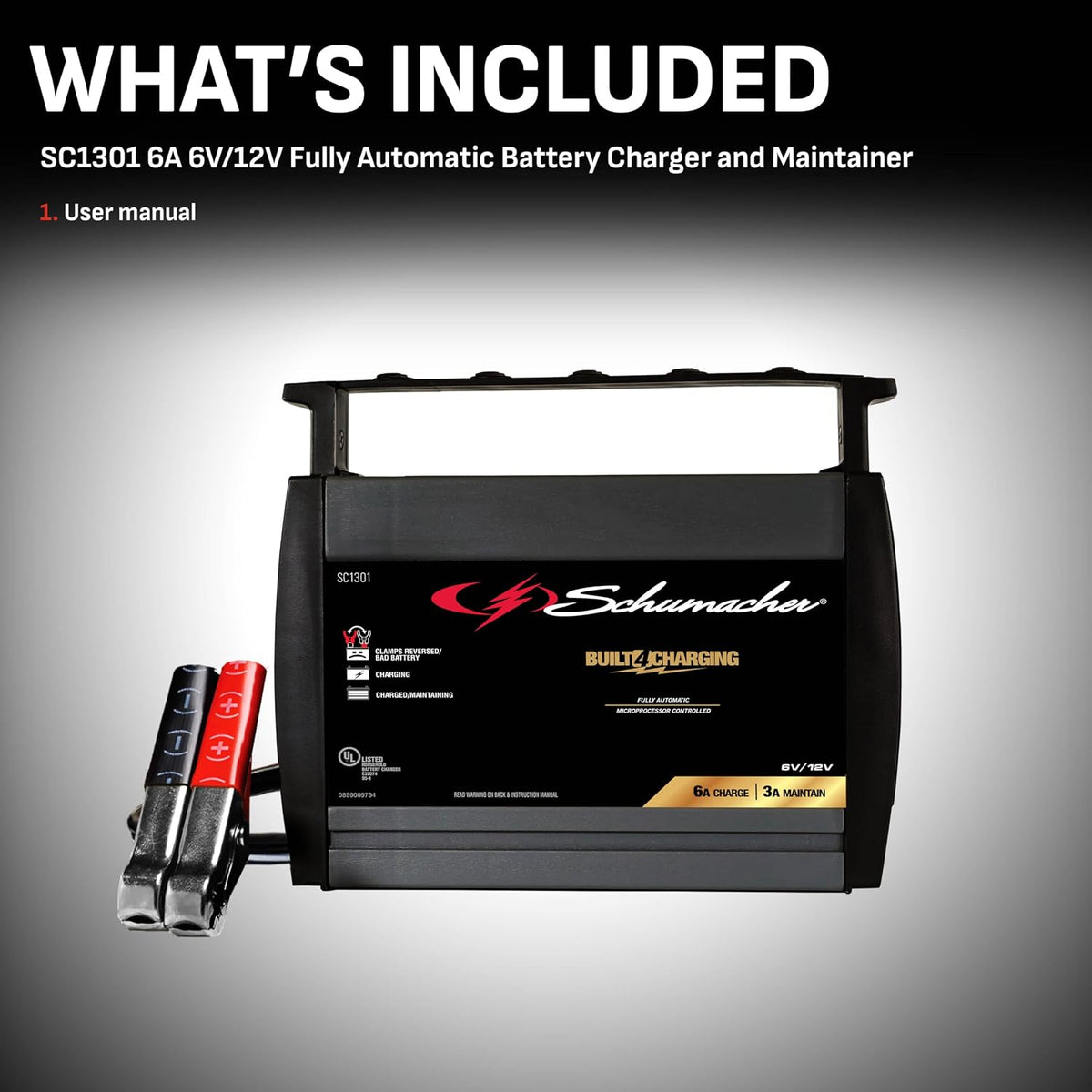 schumacher electric battery charger and maintainer, sc1301, 3-in-1 showing dimensions