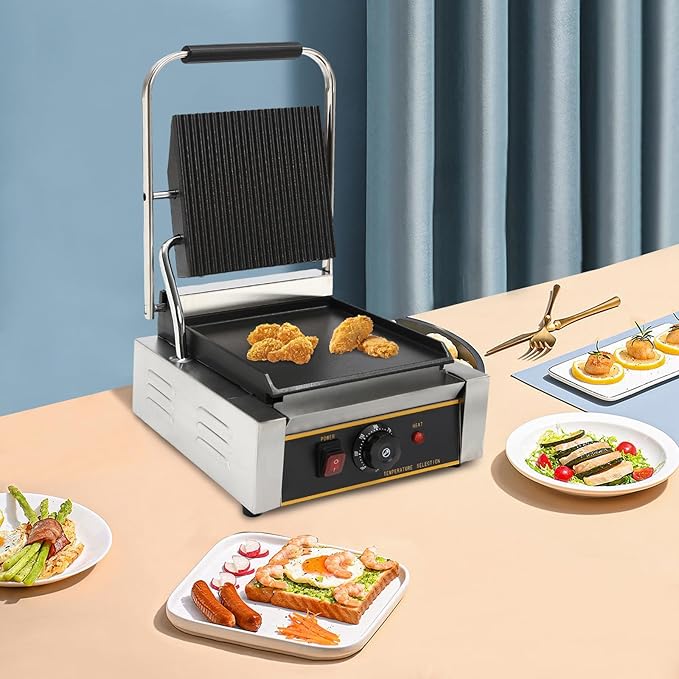 Commercial Electric Sandwich Panini Press Grill, 110V 1800W Up Grooved and Down by Treliamd