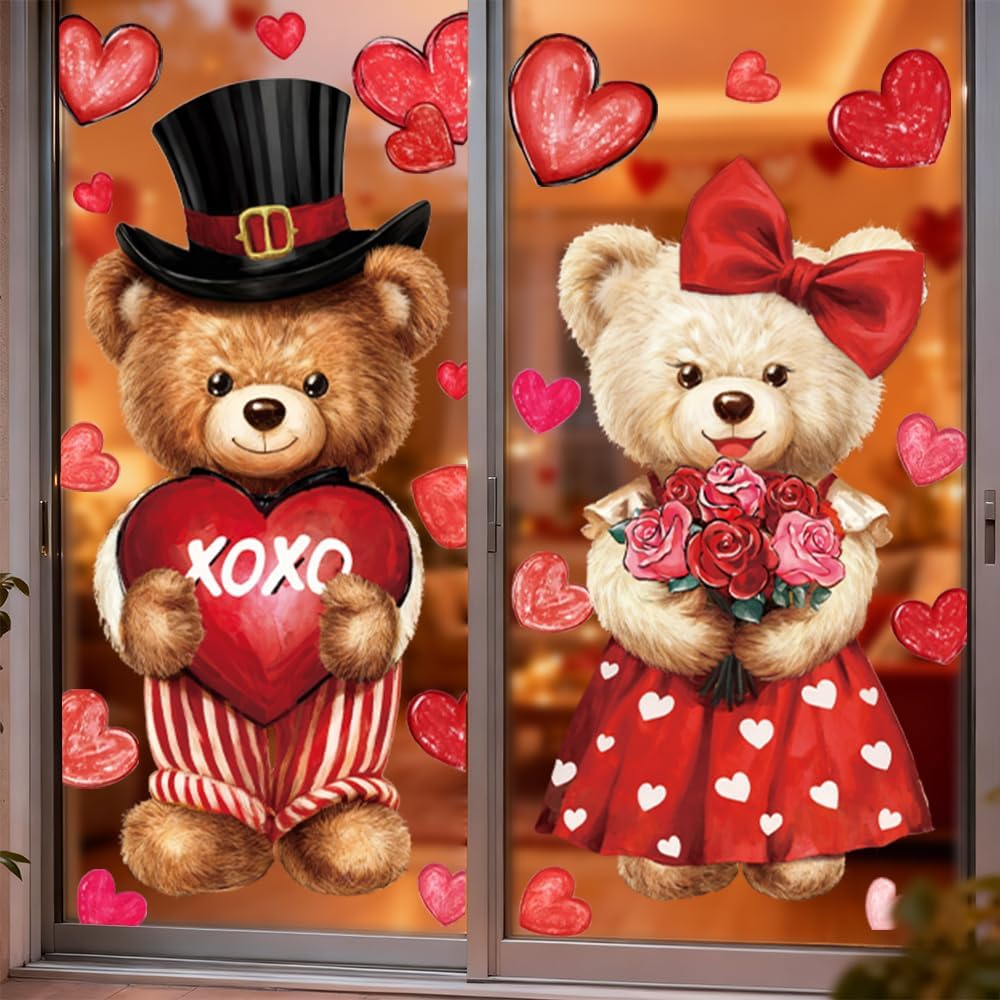 Celltestria Extra Large Valentines Window Clings Love Heart Valentines Bear Window Decals Stickers for Holiday Home Office School Party Gifts Decor Glass Decoration