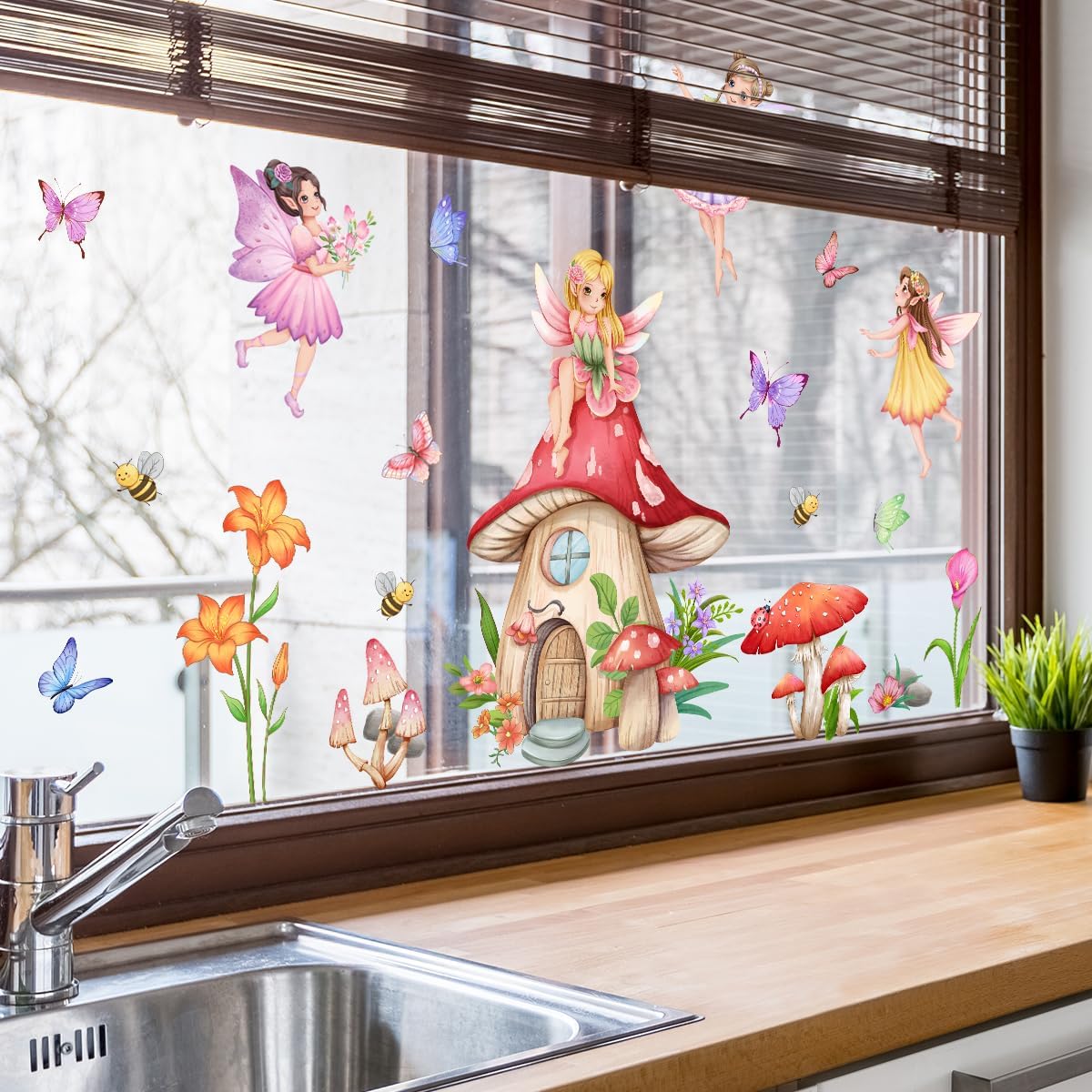WandSticker4U - Window Stickers Self-Adhesive Fairy & Mushroom House (80 x 43 cm) I Window Sticker Children Girls Fairy Elves Flowers I Window Decoration Children's Room Girls Princess Reusable