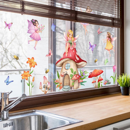 WandSticker4U - Window Stickers Self-Adhesive Fairy & Mushroom House (80 x 43 cm) I Window Sticker Children Girls Fairy Elves Flowers I Window Decoration Children's Room Girls Princess Reusable