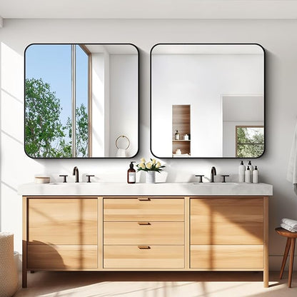 Bathroom Mirror, 39x39 inch Black Square Wall Mirror, Metal Frame Rounded - Image 2