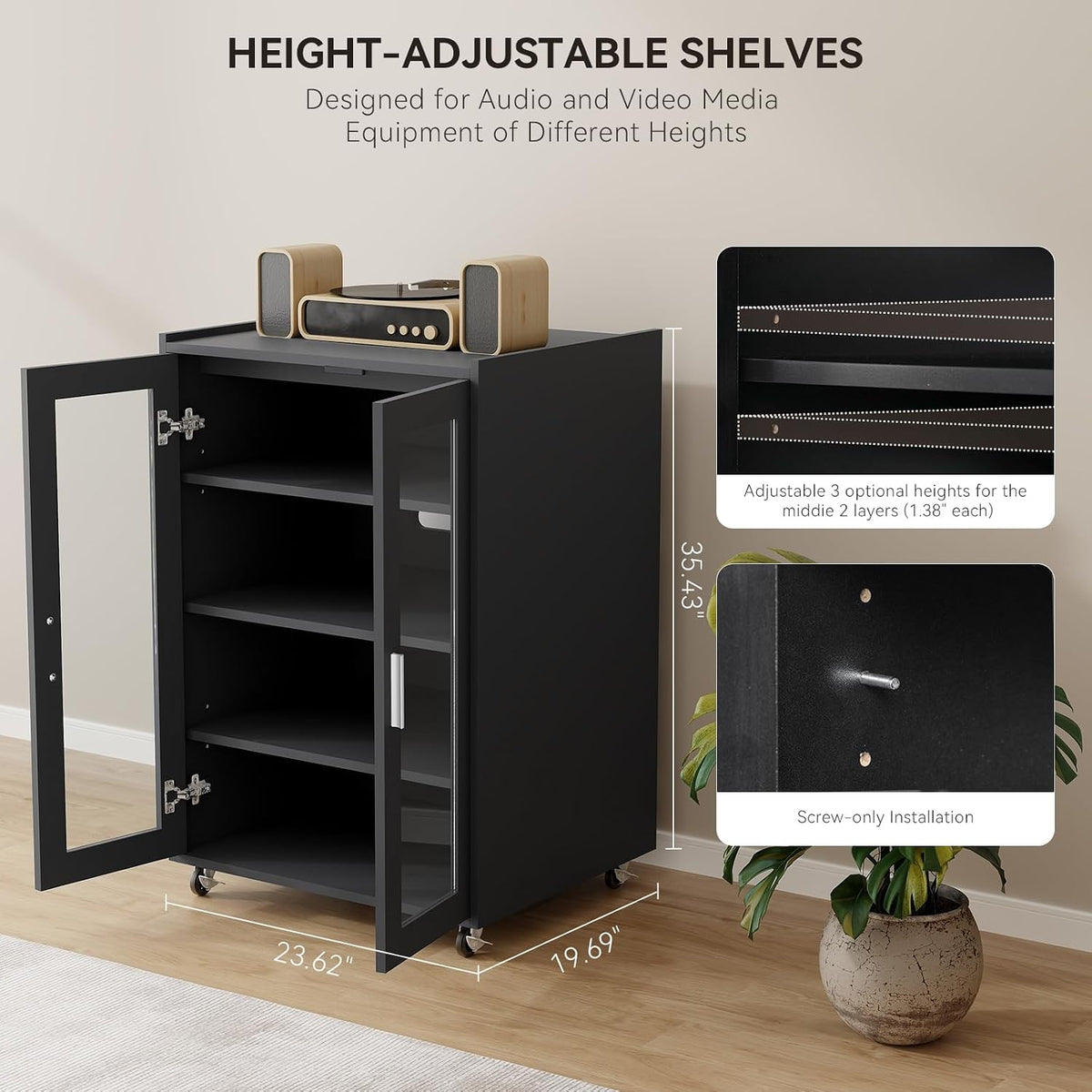 ELECWISH 5 Tier Media Cabinet with Glass Door & Adjustable Shelves, Black