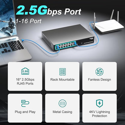 16 Port 2.5Gb Ethernet Switch Unmanaged, NICGIGA 16 Port 2.5G Network Switch - Image 4