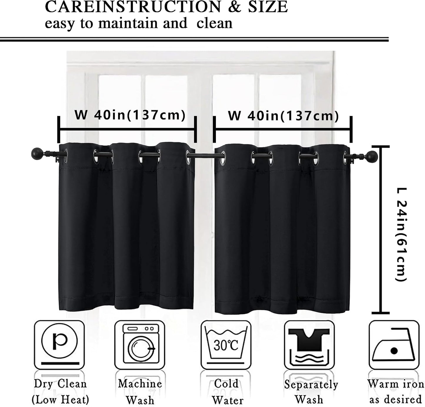 Simplebrand Halloween Black Short Kitchen Curtains 24 Inch Length 2 Panels Set, Small Windows Blackout Curtain for Bathroom, Room Darkening Thermal Insulated Short Drapes, 40 x 24 Inch, Black