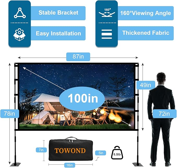 TOWOND Projector Screen and Stand, 100 inch Outdoor Projector Screen Indoor - Image 3