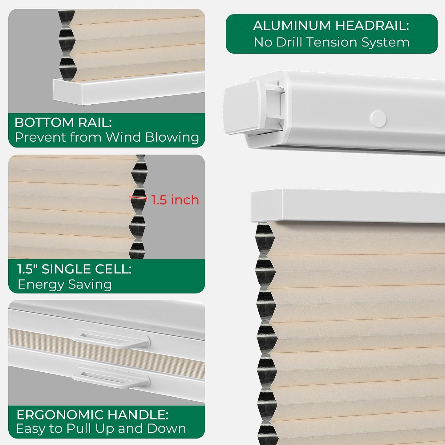 Allesin Top Down Bottom Up Cordless Cellular Shades,Thermal Insulation Honeycomb Blinds for Indoor Windows,Blackout (Beige-no Drill,39"x64")