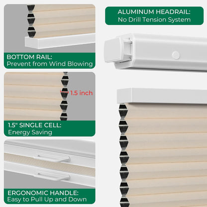 Allesin Top Down Bottom Up Cordless Cellular Shades,Thermal Insulation Honeycomb Blinds for Indoor Windows,Blackout (Beige-no Drill,39"x64")