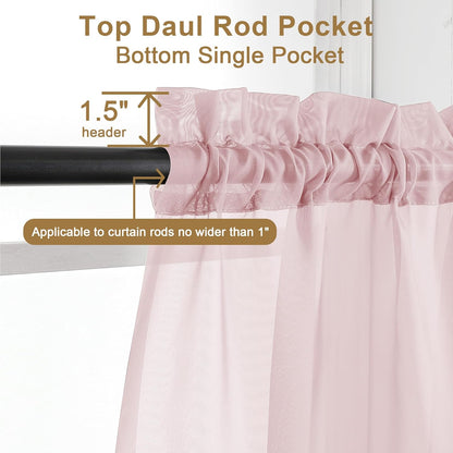 Chyhomenyc Blush Pink Sheer Curtains 30 inch Length 2 Panels, Light Filtering Voile Rod Pocket Short Window Curtians for Bathroom Living Room Farmhouse Small Windows, 42Wx30L inches