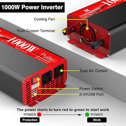 1000W Pure Sine Wave Inverter 12V DC to 120V AC Car Power Inverter - Image 3