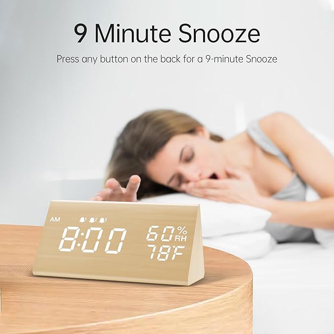 JALL Digital Alarm Clock, with Wooden Electronic LED Time Display, 3 Alarm - Image 3