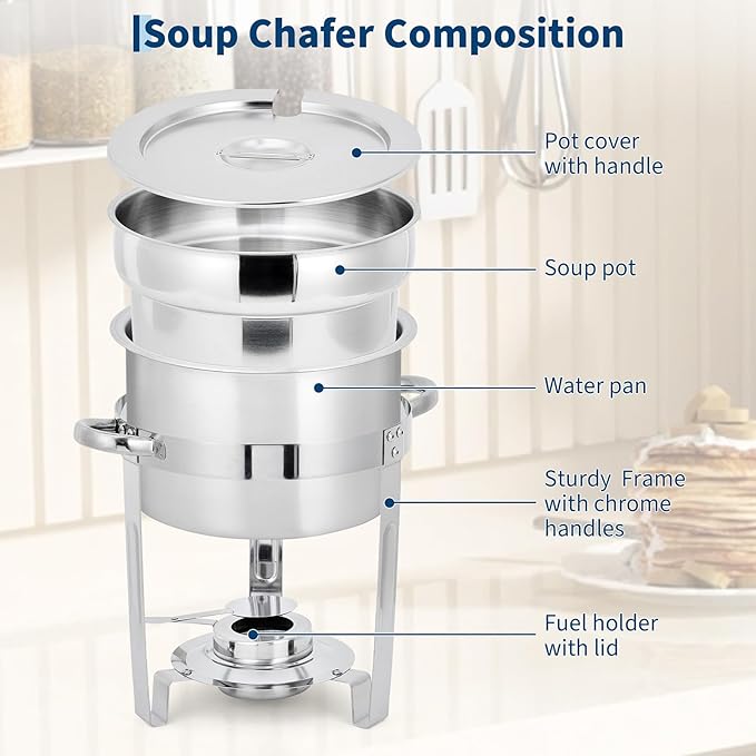 GarveeHome 7QT Soup Chafer Set of 2, Stainless Steel Round Soup Warmer - Image 3