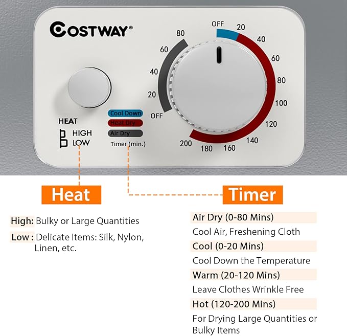 COSTWAY Compact Laundry Dryer, 110V Electric Portable Clothes Dryer - Image 3