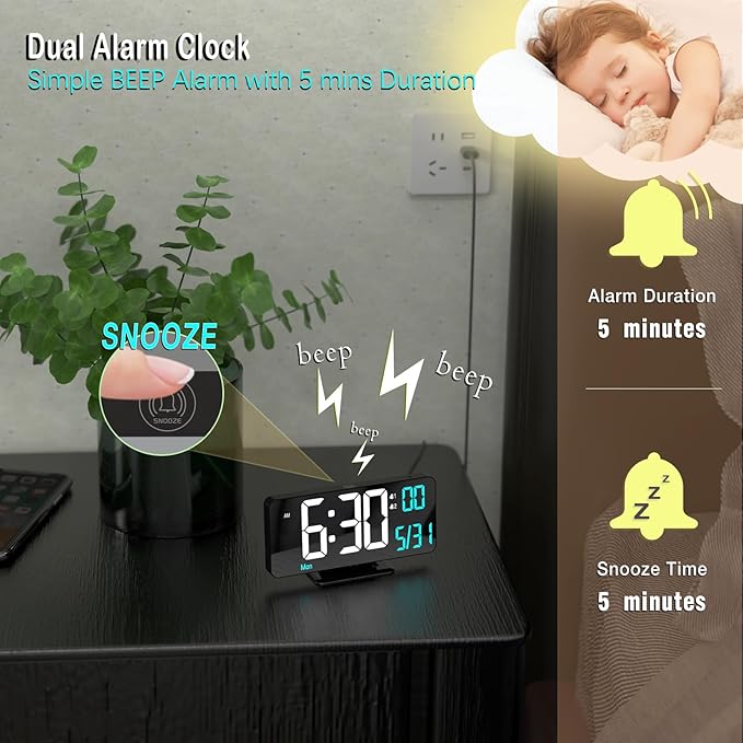 KOSUMOSU Digital Alarm Clock 6.7in Black Clock - Image 5