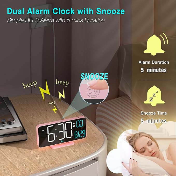 KOSUMOSU Clock for Bedroom, 6.7in Digital Alarm Clock, Auto Dimming, Room - Image 6