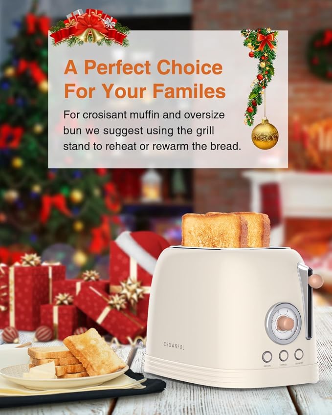CROWNFUL 2-Slice Toaster, Extra Wide Slots Toaster, Retro Stainless Steel - Image 6