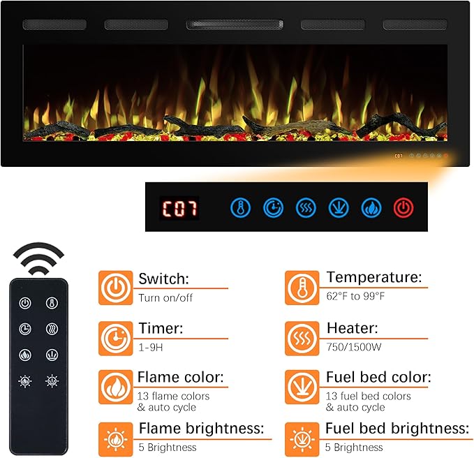 72" WiFi Electric Fireplace, Recessed and Wall Mounted Fireplace Heater - Image 3