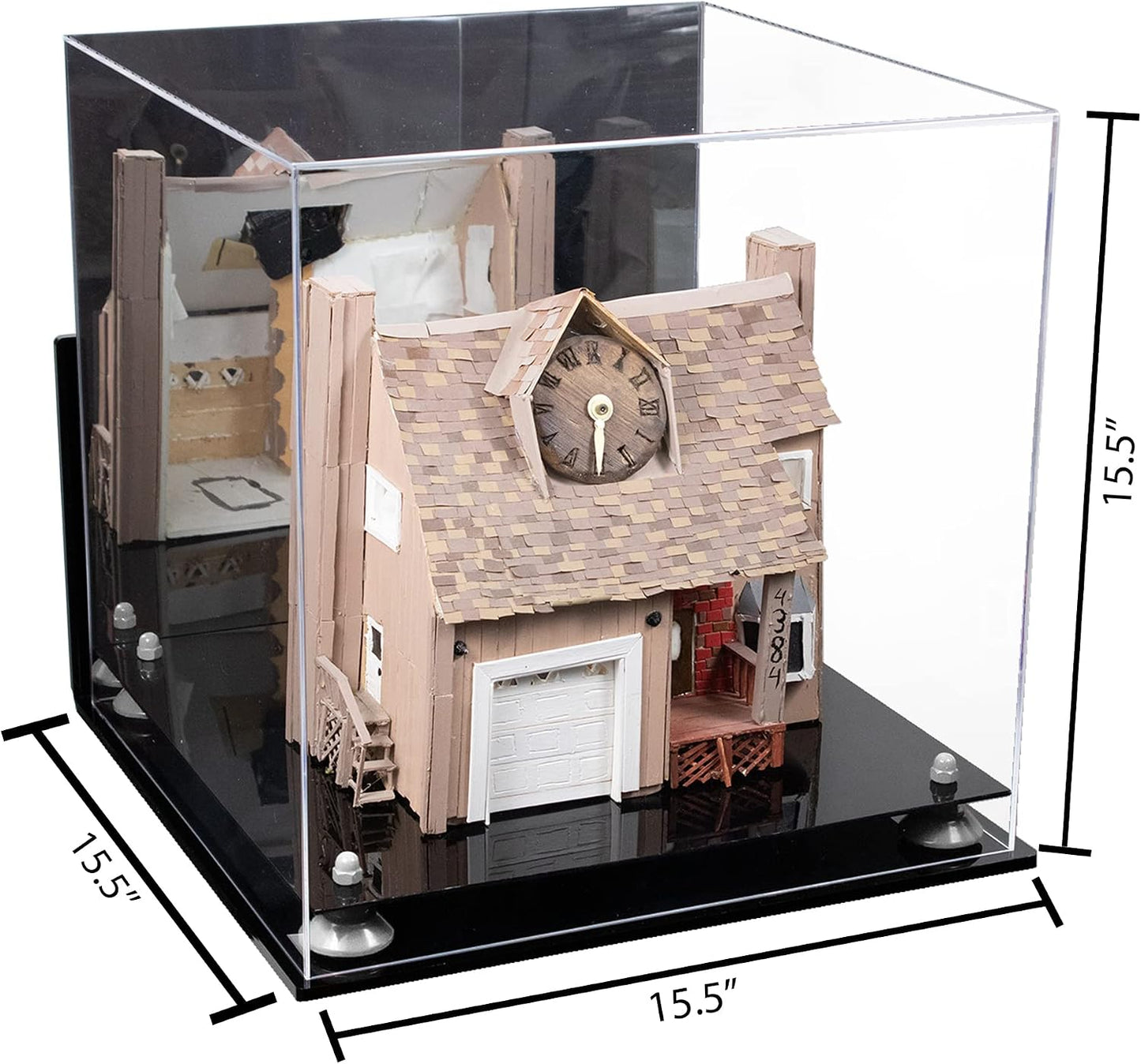 Acrylic Versatile Display Case - Large Square Box with Mirror Case, White Risers, Black Base and Wallmount 15.5" x 15.5" x 15.5" (A118)