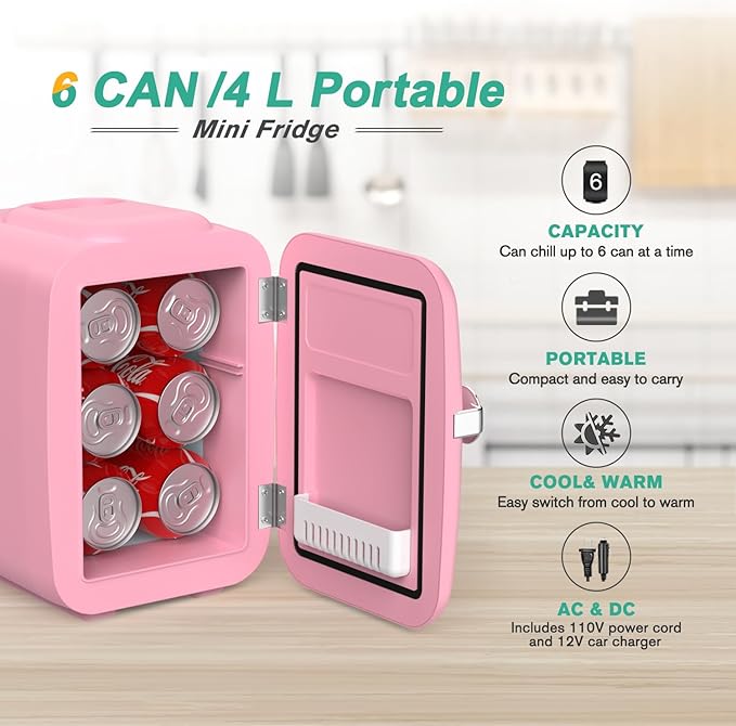 CROWNFUL Mini Fridge, 4 Liter/6 Can Portable Cooler and Warmer Personal - Image 2
