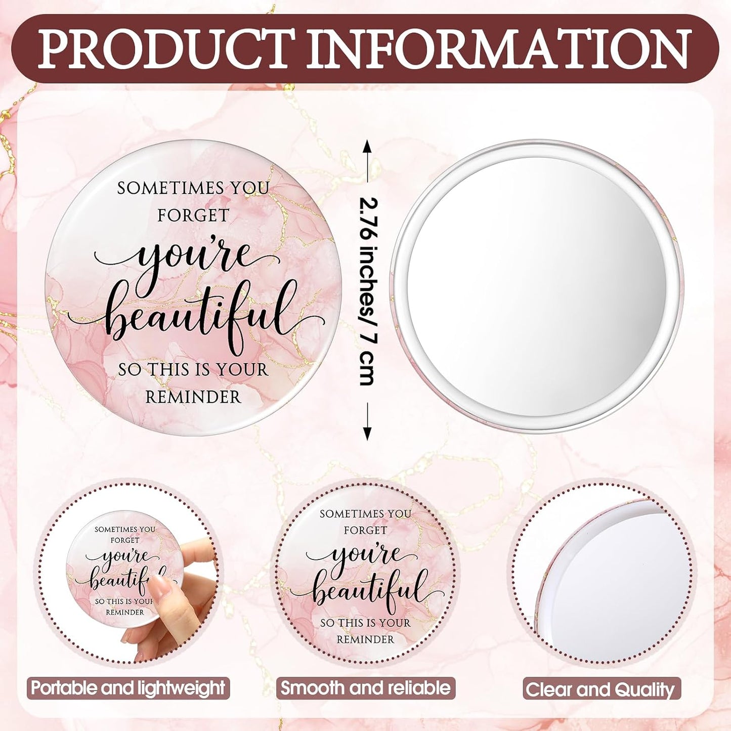 Cinnvoice 25 Sets Pink Mirror Gifts for Women Inspirational Mini Compact Mirror Bulk Small Round Pocket Makeup Gifts for Wedding Cheerleader Coworker Birthday Party Favor (Beautiful)