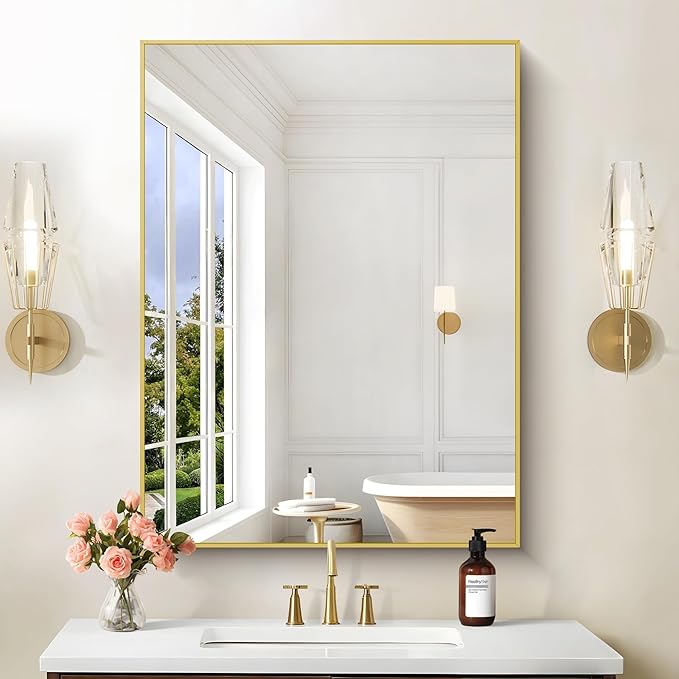 30x40In Gold Bathroom Mirror for Wall, Brushed Gold Rectangle Mirrors - Image 3