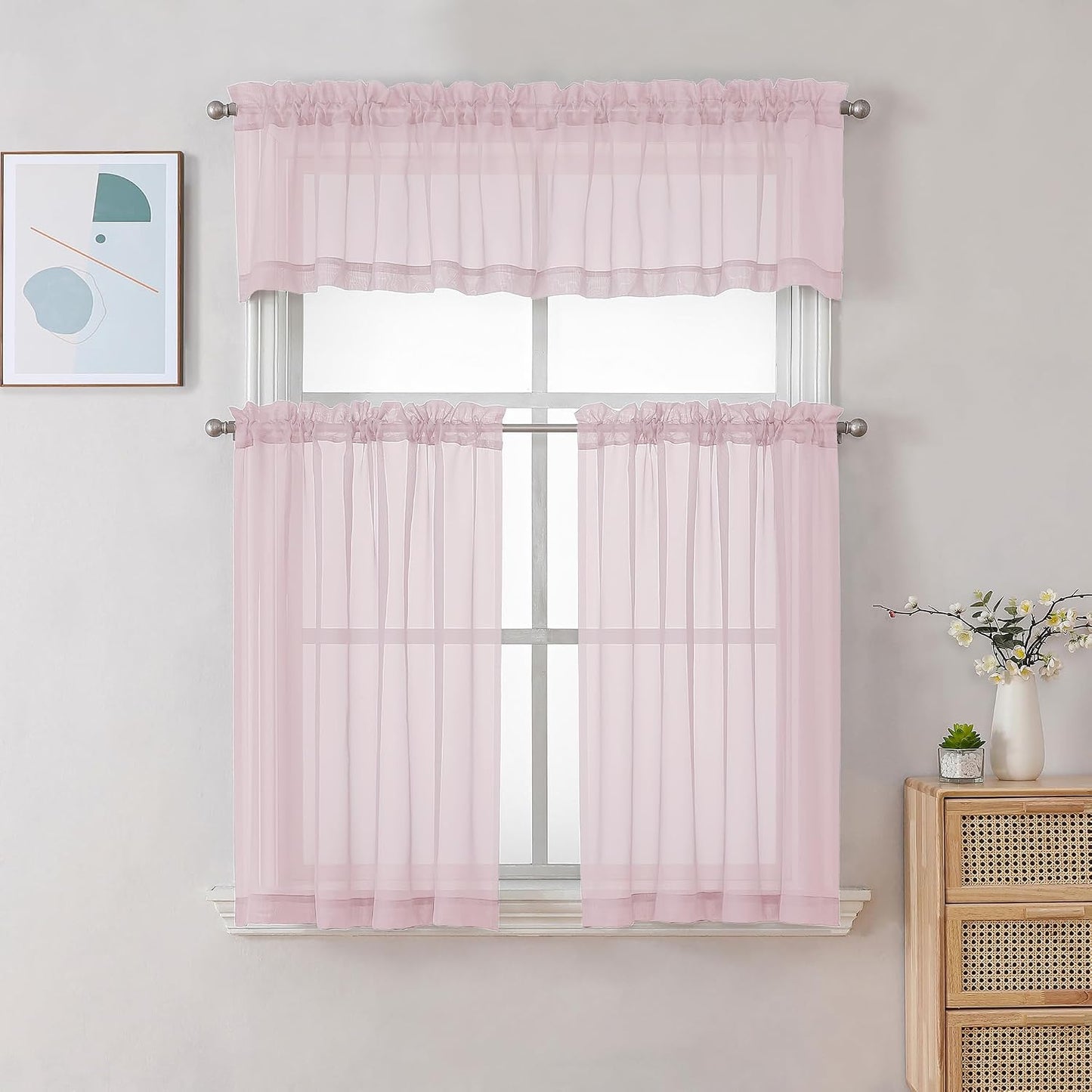 Chyhomenyc Blush Pink Sheer Curtains 30 inch Length 2 Panels, Light Filtering Voile Rod Pocket Short Window Curtians for Bathroom Living Room Farmhouse Small Windows, 42Wx30L inches