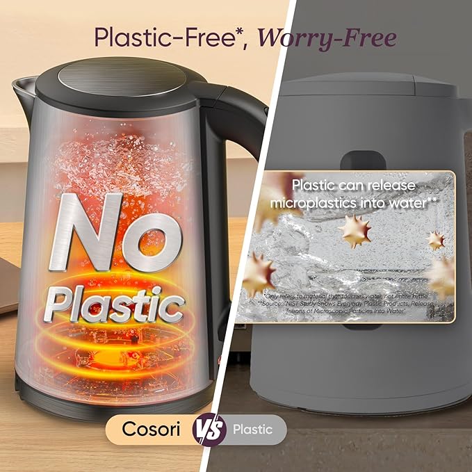 Cosori Electric Kettle, No Plastic Inner Lid, Filter & Spout, Stainless Steel - Image 3