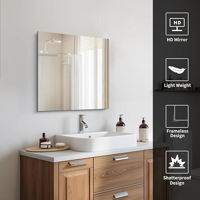 CILIBER Frameless Mirror, 24x24 inch Square Bathroom Mirrors - Image 5