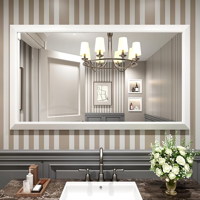 Amorho Bathroom Mirror, 55x32 Inch White Thick Metal Framed Wall Mirrors - Image 8