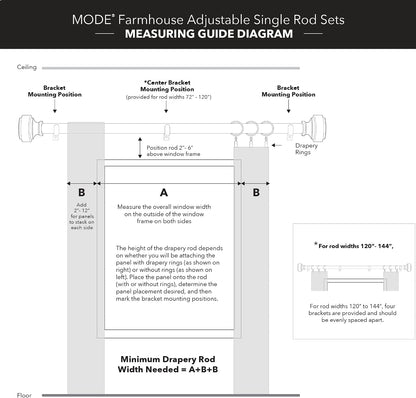 MODE Farmhouse Oak Curtain Rod, Square Finial - 76" to 144" | Strong 1-1/8" diameter adjustable steel rod and brackets, Easy to Install, Mounting Hardware Included, Supports up to 22 lb