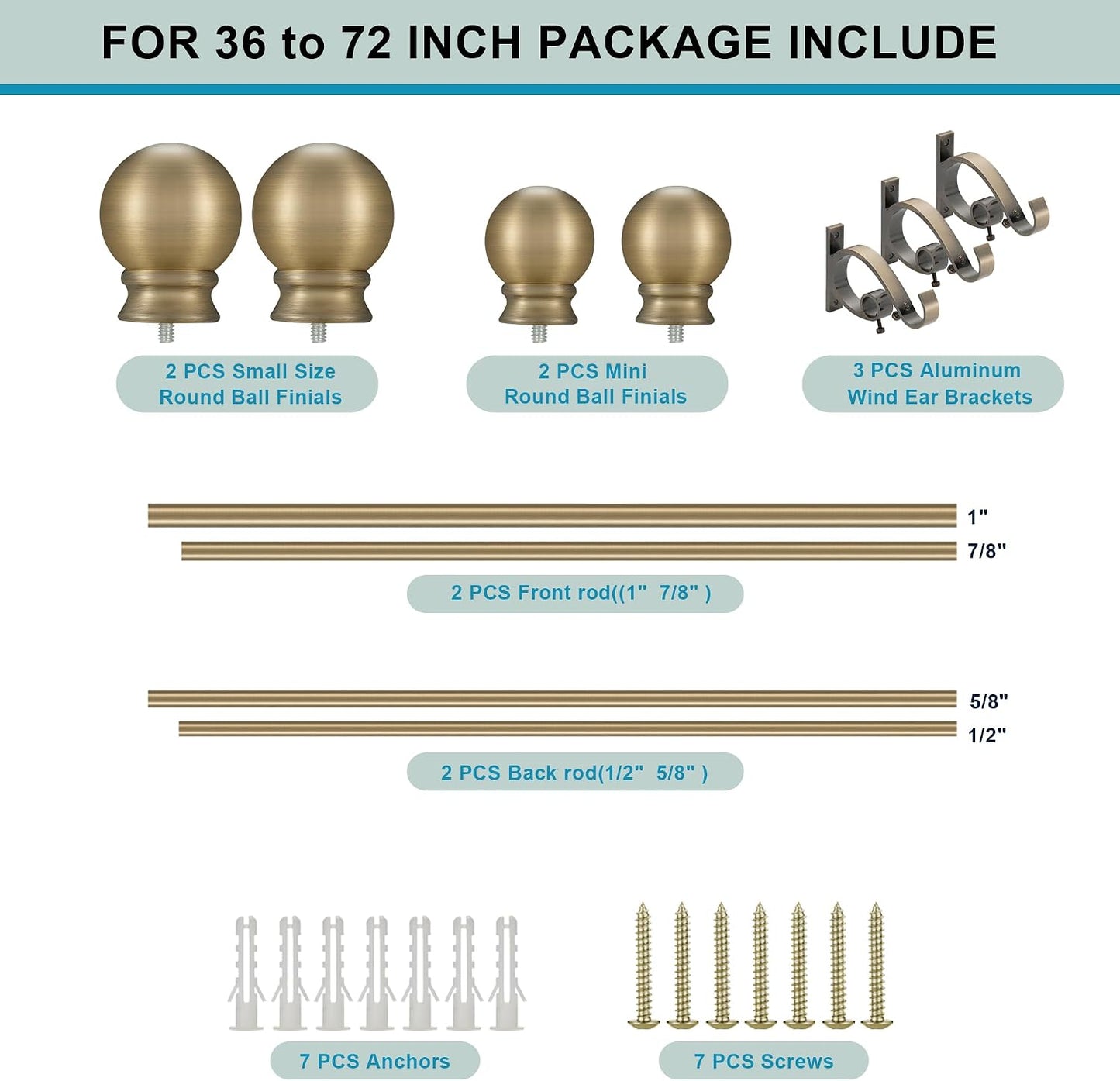 Antique Bronze Double Curtain Rods 36-72 Inch,1’’Front and 5/8’’Back Double Drapery Rod with Small Round Ball and Aluminum Brackets, Adjustable Dual Window Rod for Sheer/Blackout Curtains