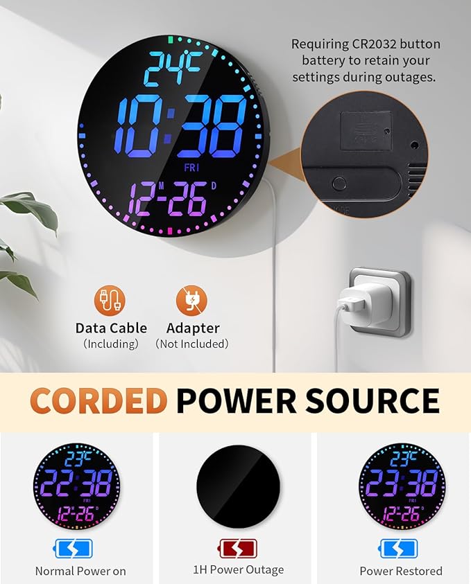 GLOKUUCA 12" Large Digital Wall Mount Clock, Count Down Timer, Big LED - Image 8