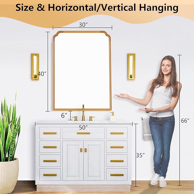 30" x 40" Wood Bathroom Mirror for Over Sink, Rustic Rounded Corner Vanity - Image 5