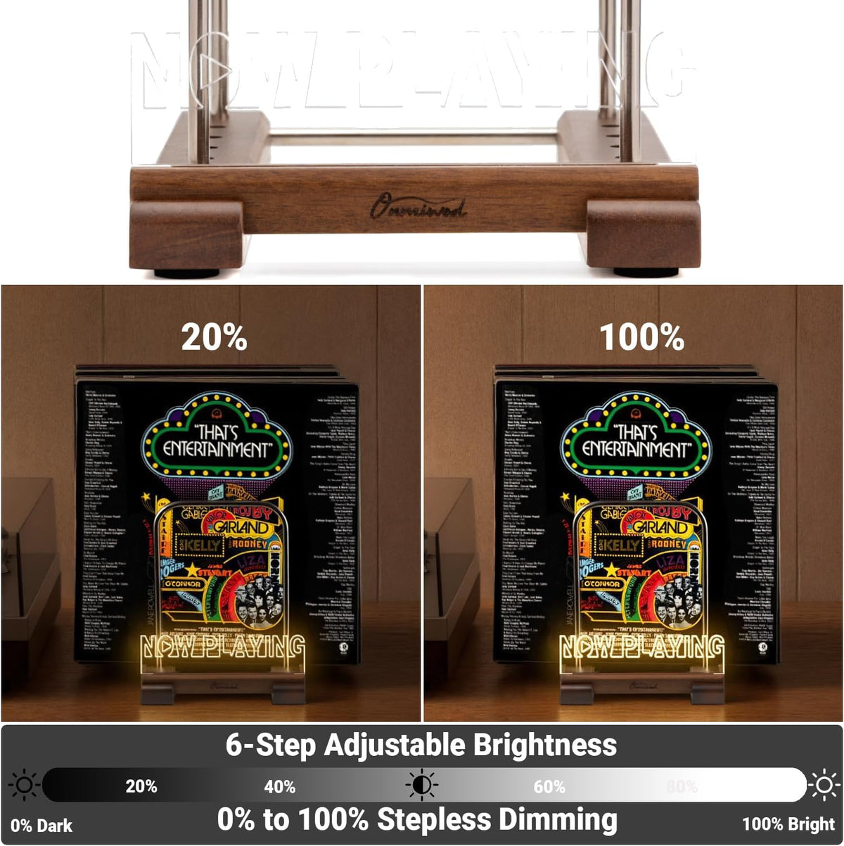 Onmiwod Vinyl Record Holder for 35 LPs, Light Up Now Playing Vinyl Record Sta...
