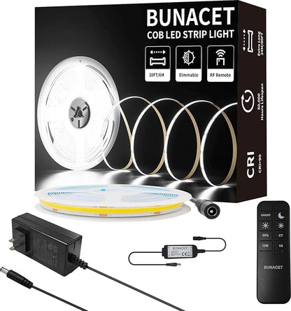 BUNACET COB LED Strip Light 20ft/6m Cool White 6500K High Lumen CRI 90+ by BUNACET