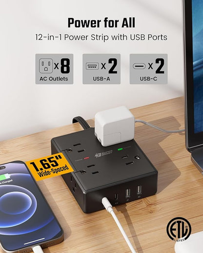 25Ft Long Extension Cord, Flat Plug Power Strip Surge Protector, 8 Outlet 4 USB - Image 3