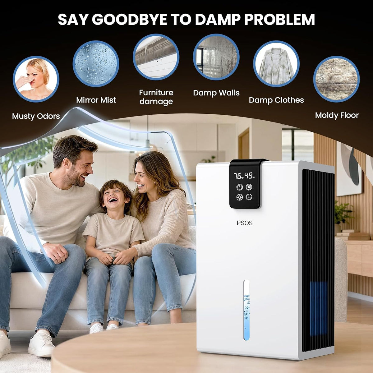 psos dehumidifier, dehumidifiers for home, 98 oz water, front angle view