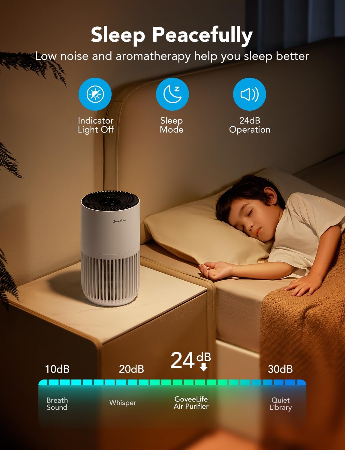 goveelife smart mini air purifier for bedroom, with showing dimensions