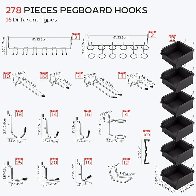 278PCS Upgraded Pegboard Hooks Assortment, Peg Board Organizer Accessories - Image 6
