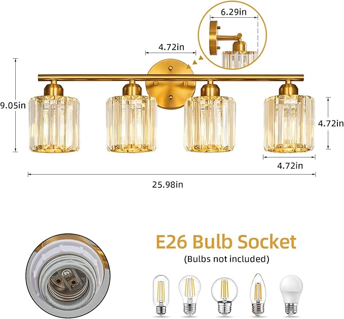 FDPBY Modern 4 Light Crystal Vanity Light, Brushed Gold Vertical Bathroom Light - Image 3
