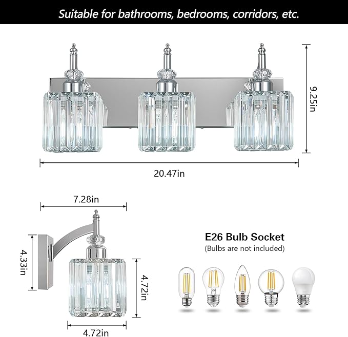 BBLLWJ Modern Bathroom Vanity Light 3-Light Chrome Crystal Light Fixtures Over - Image 4