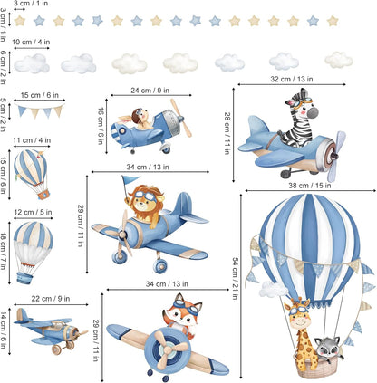 decalmile Blue Hot Air Balloon Animals Airplane Wall Decals Stickers
