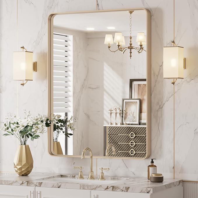 LOAAO 24”X32” Gold Bathroom Mirror, Rounded Rectangle Gold Frame Mirror - Image 4