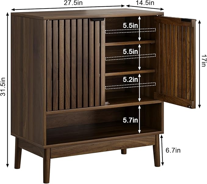 Shoe Cabinet with Slatted Doors, 4 Tier Freestanding Shoe Cabinet Storage - Image 2