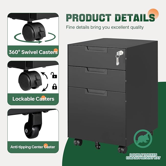 Letaya 3 Drawer Mobile File Cabinet - Image 4