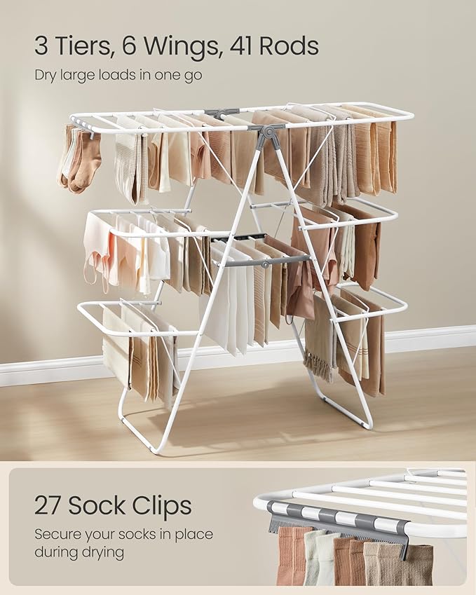 SONGMICS Clothes Drying Rack, Foldable 3-Level Laundry Rack, Free-Standing - Image 3