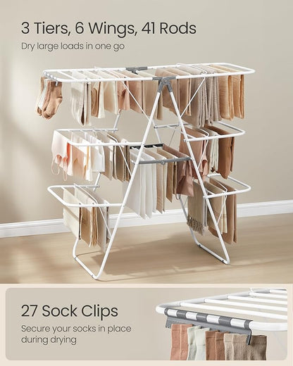 SONGMICS Clothes Drying Rack, Foldable 3-Level Laundry Rack, Free-Standing - Image 3