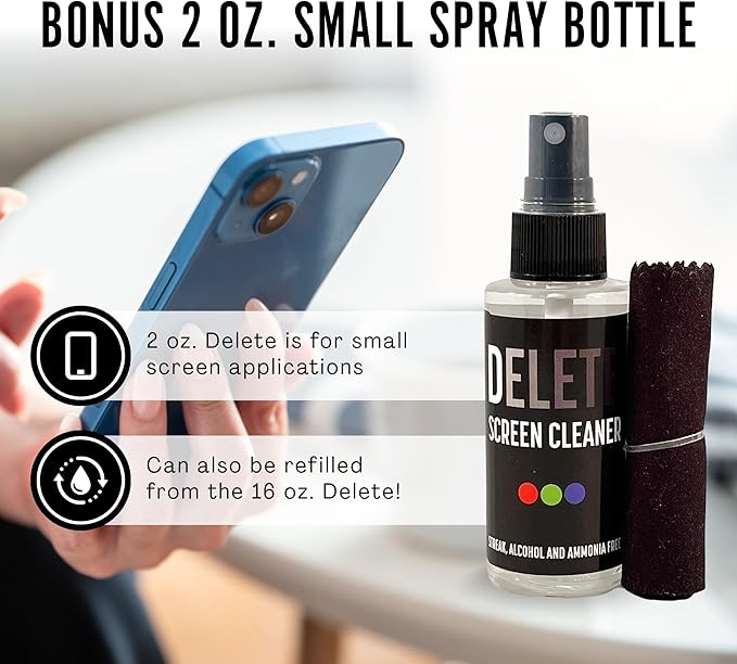 Delete Screen Cleaner Spray Kit, 2 Pack, 2oz Bottle and 2x 6"x6" Microfiber - Image 3