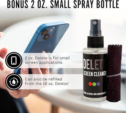Delete Screen Cleaner Spray Kit, 4 Pack, 2oz Bottle and 12"x12" Microfiber - Image 3