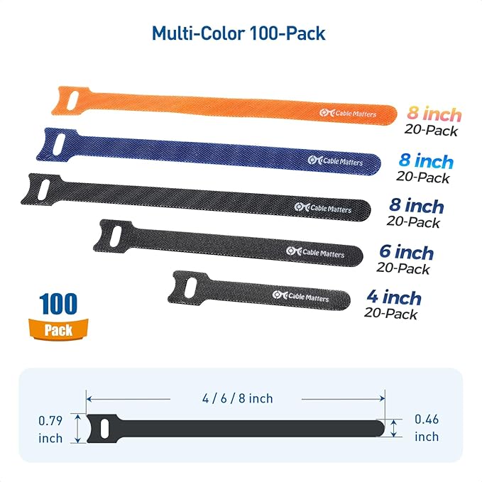 Cable Matters 100-Pack Hook-and-Loop Reusable Cable Ties, Sizes 4", Cord - Image 2